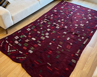 4x8 Burgundy Vintage Handknotted Kilim Rug, Washable Area Rugs,Country Style Large Rug,Farmhouse Decor,Red Oversize Kilim,Large Area Rugs