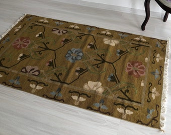 2'11" x 4'11" bloemmotief uniek tapijt, groen Oushak Kilim tapijt, speciaal huiscadeau, zachte kleur Vintage Kilim tapijt voor slaapkamer, keuken