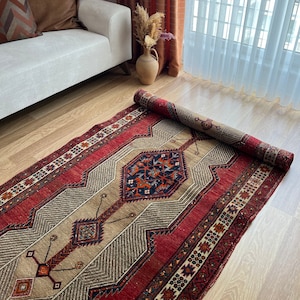 3x9 Handmade Anatolian Wool Runner Rug, Vintage Turkish Runner Rug, Home Decor, Colorful Oushak Kitchen Rug, Geometric Antique Runner Rug