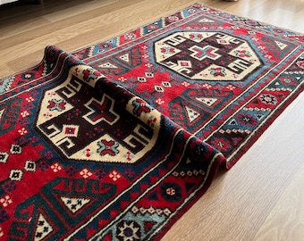 2x6 One Of A Kind Vintage Turkish Runner Rug, Small Red-Blue Geometric Flowery Pattern Antique Hallway Rug, Decorative Oushak Runner Rug