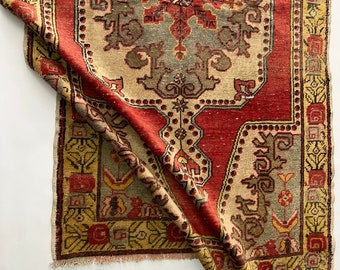 Vintage turkisk matta, 4x7 dekorativ matta färgglad ullmatta, röd livfull matta, handgjord anatolisk matta, antik Oushak-matta, turkisk kelim