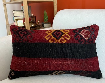 12x20 Red-Black Southwestern Kilim Pillow Cover,Vintage Pillow Case,Farmhouse Pillow Cover,Striped Geometric Pillow Cover,Country Home Decor