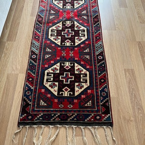 2x6 One Of A Kind Vintage Turkish Runner Rug, Small Red-Blue Geometric Flowery Pattern Antique Hallway Rug, Decorative Oushak Runner Rug image 3