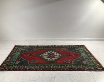 3x6 Pastel Color Geometric Pattern Vintage Rug,Red-Gray-Green Oushak Antique Rug,Handmade Anatolian Turkish Rug,Turkish kilim for Livingroom