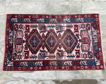 3x5 Pictorial Antique Rug, Geometric Pattern Rug, 3x5 Red-Blue Vintage Rug,Handmade Traditional Anatolian Carpet for Livingroom,Tribal Style