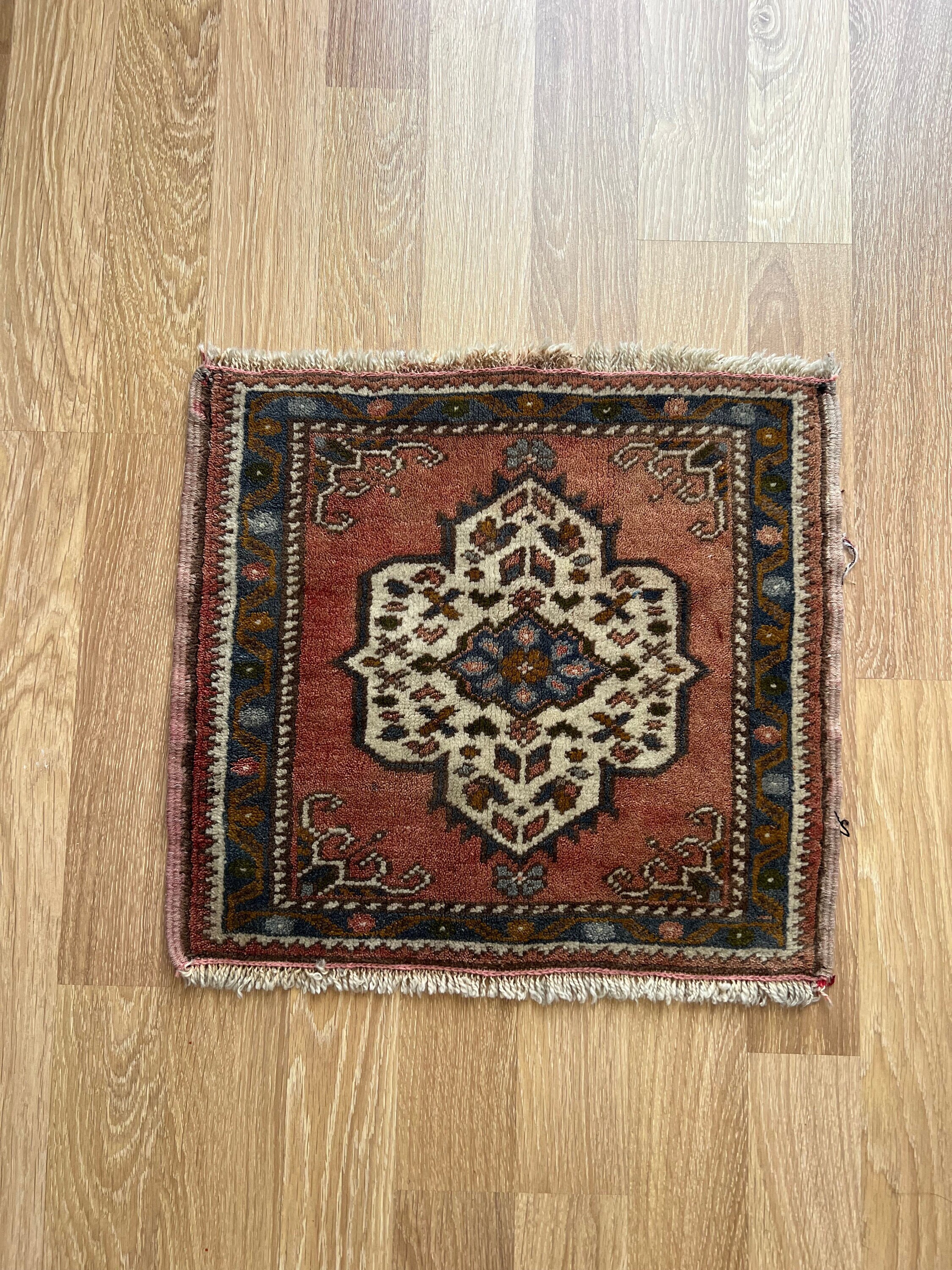 1x1 Turkish Vintage Small Rug, 1x1 Handwoven Wool Rug, Small Area