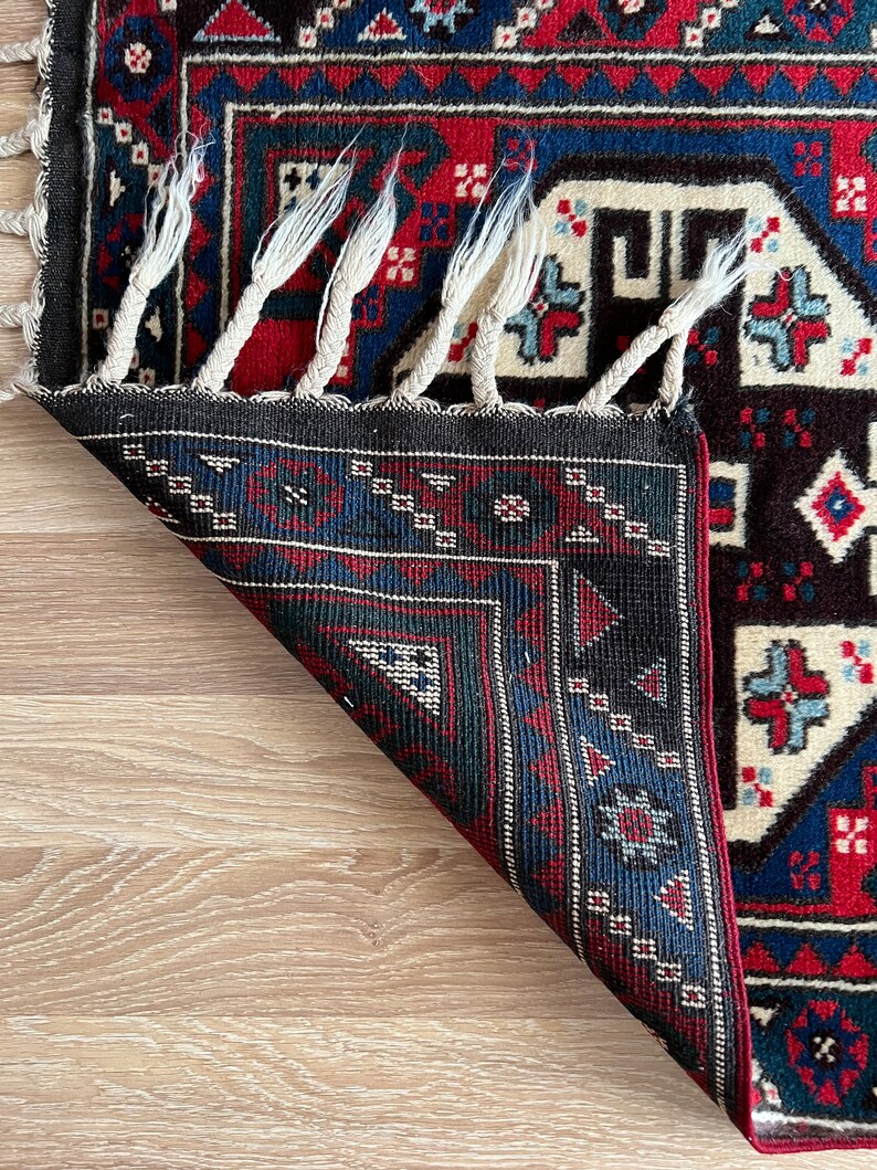 2x6 One Of A Kind Vintage Turkish Runner Rug, Small Red-Blue Geometric Flowery Pattern Antique Hallway Rug, Decorative Oushak Runner Rug image 7