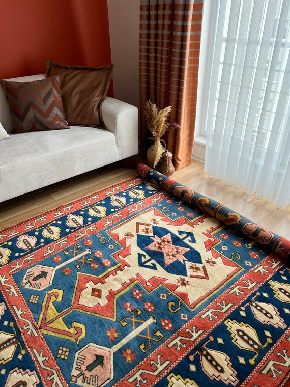 5x7 Red Blue Turkish Rug,colorful Oriental Rug Carpet,vivid Color