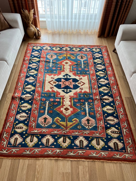 5x7 Red Blue Turkish Rug,colorful Oriental Rug Carpet,vivid Color