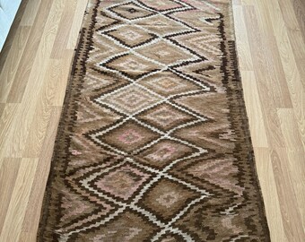 3x8 Turkish Kars Carpet, 40-Year-Old Handwoven Kars Kilim Rug, Vintage Turkish Wool Carpet, Brown Tones, Antique Anatolian Rug, Amazing Gift