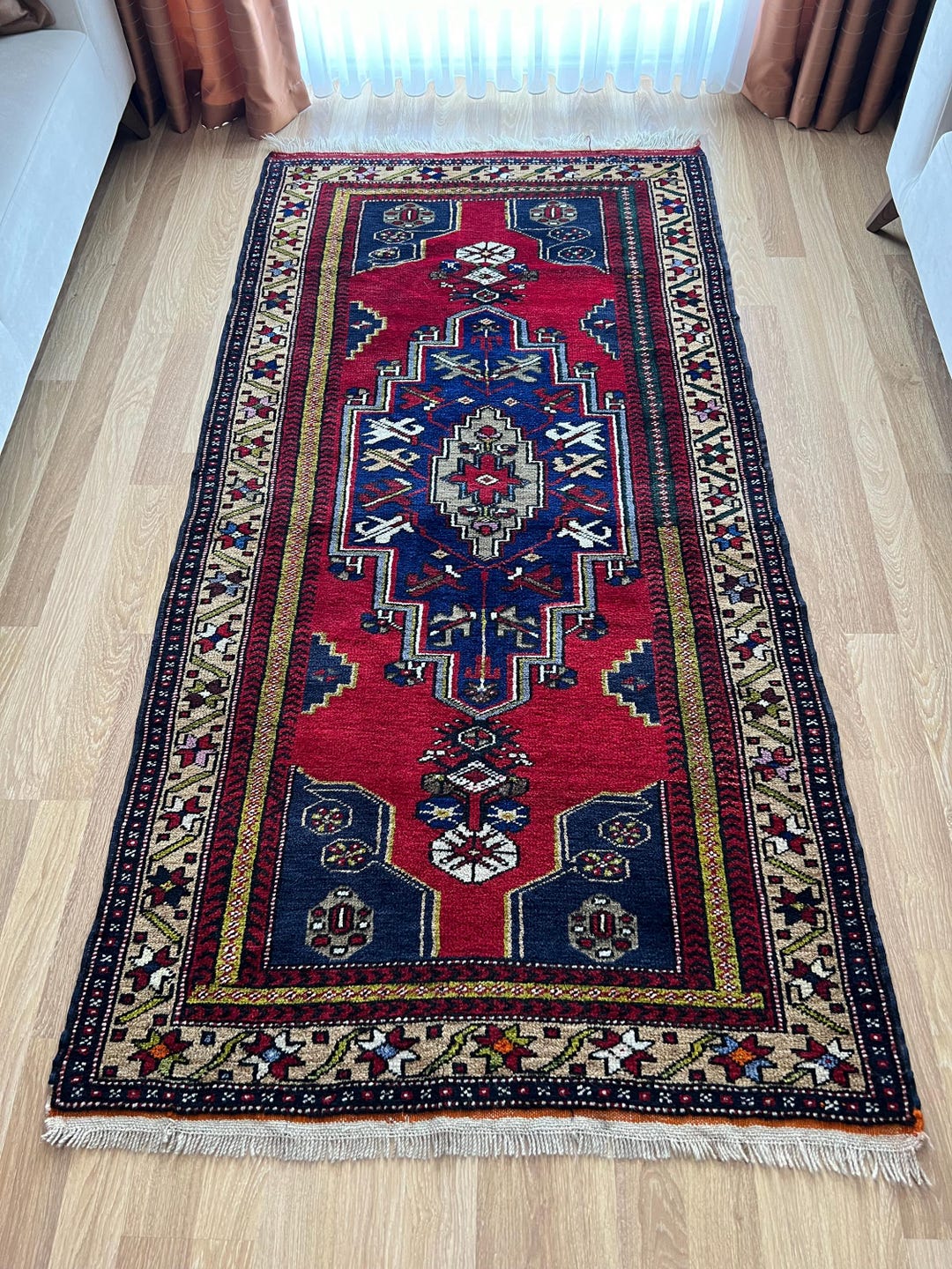 Clh Rug 4x7 Vibrant Red and Blue Large Handmade Turkish Kilim, Vintage Oushak ...