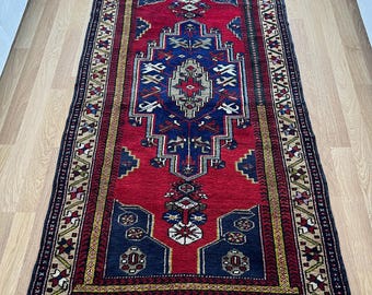 4x7 Vibrant Red and Blue Large Handmade Turkish Kilim, Vintage Oushak Rug, High-Quality Wool Carpet, Ethnic Pattern, Special Design for Home
