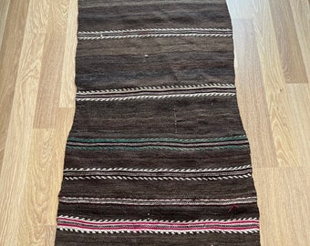 Bohemian Turkish Kilim Rug • Small 4x2 Brown Striped Rug • Handwoven with Vintage Charm • Cozy Floor Mat for Living room • Rustic Boho Decor