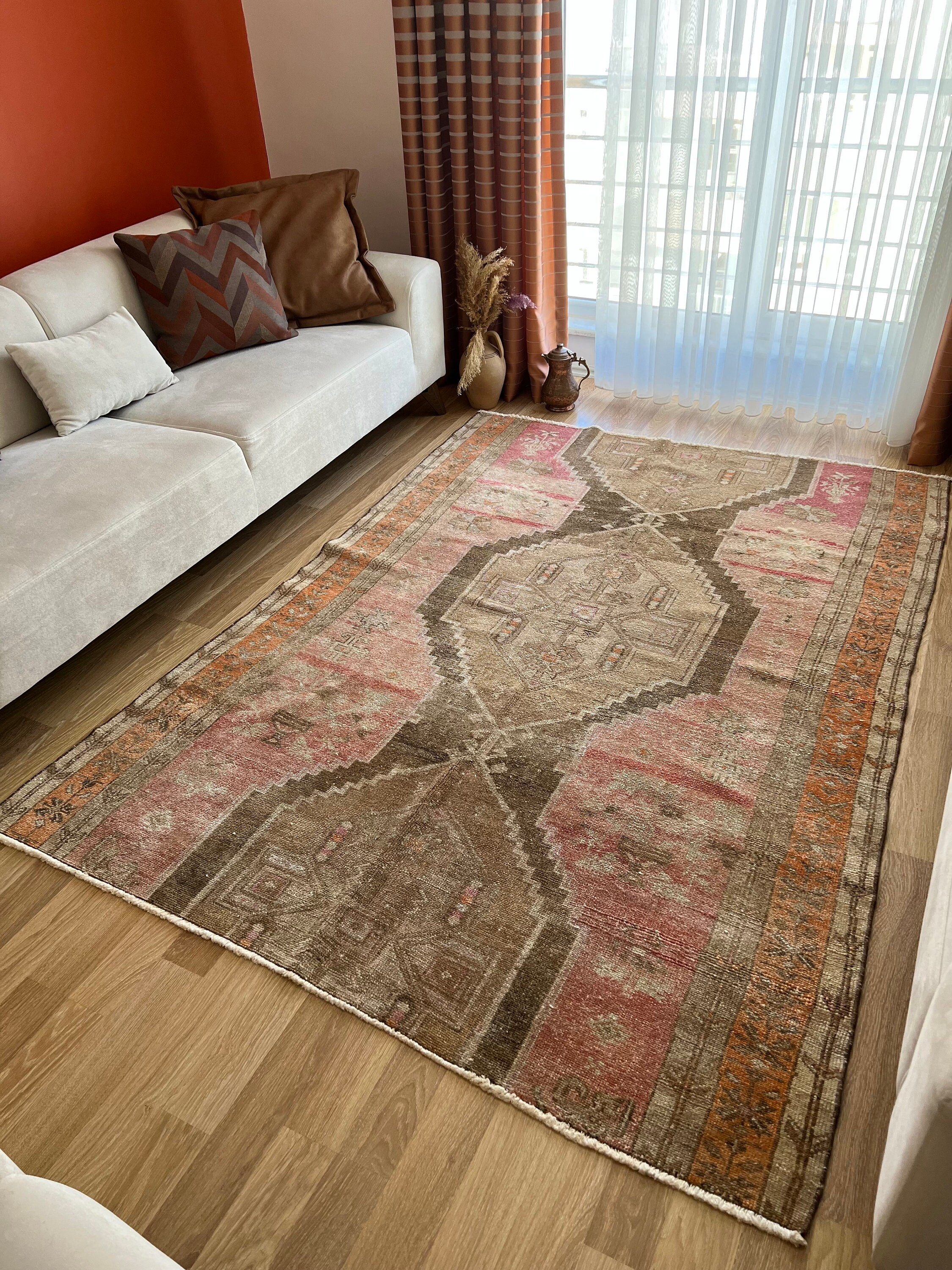 5x7 Pastel Colors Turkish Vintage Rug, Pink-Brown Handmade Rug, Soft Color Bohemian Area Rug,Geometric Pattern Farmhouse Rug for Living Room