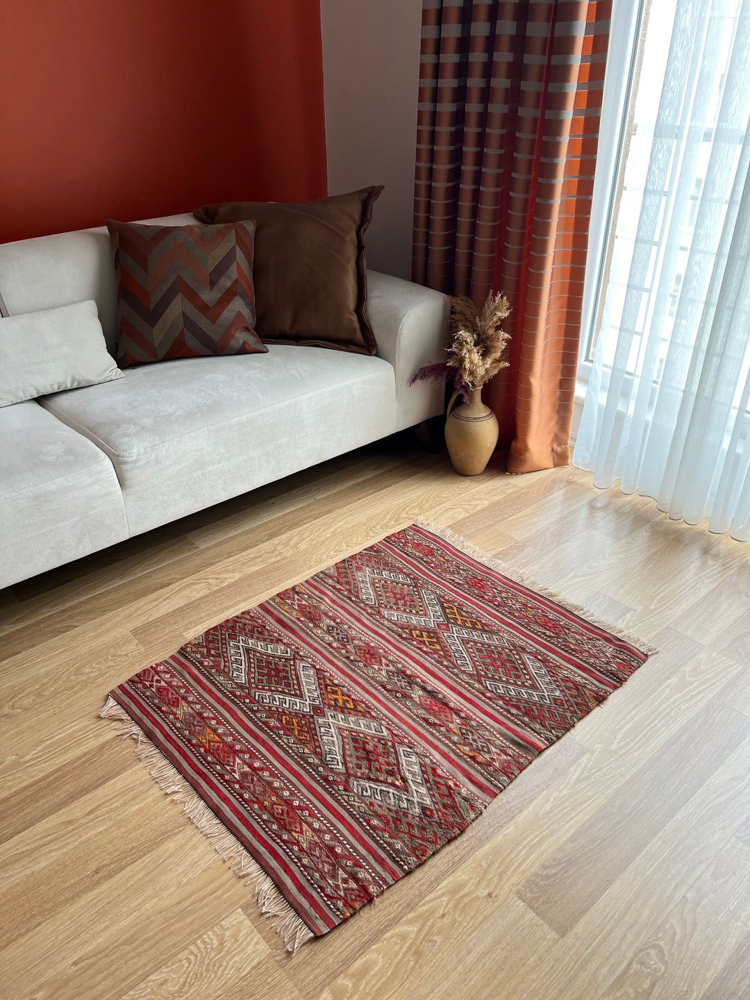 2x3 Turkish Vintage Handmade Kilim,2x3 Red Color Geometric Pattern ...