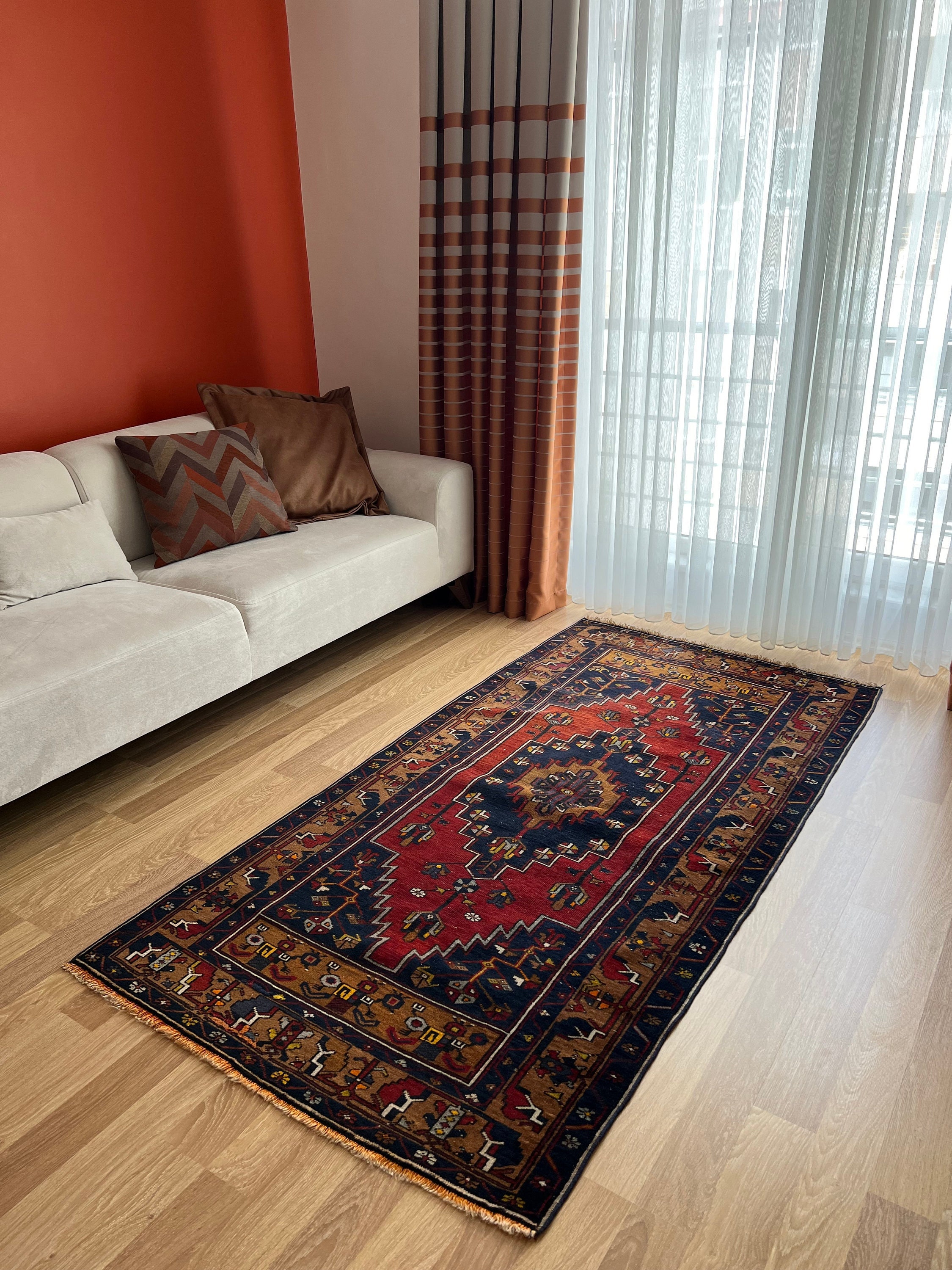 Blue Red Vintage Handwoven Rug 3x7, Turkish Oriental Rug
