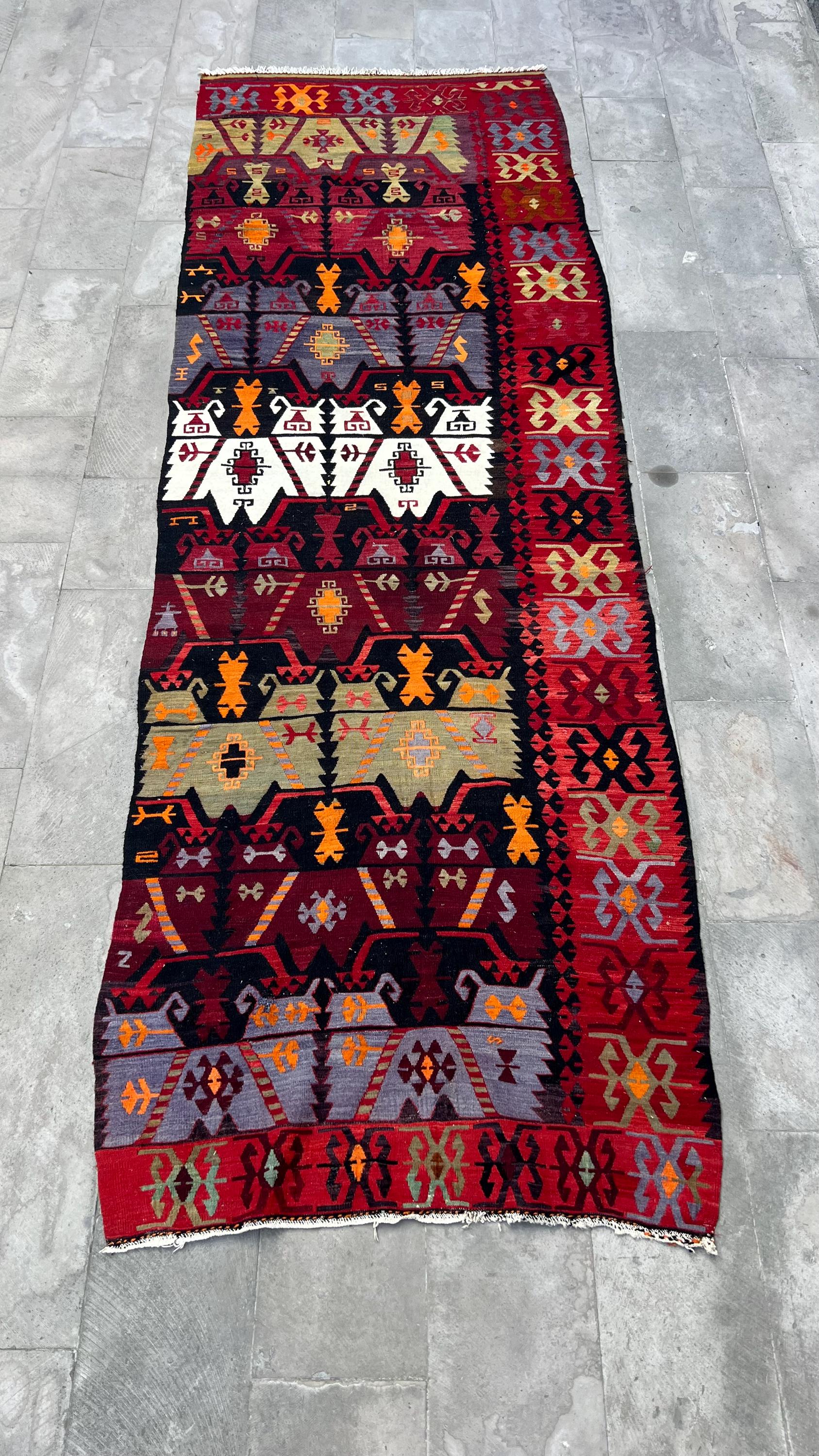 Ram Fur Rug Red Turkish Runner Rug 4x12 • Stylish Floor Mat With Ram's Horn and ...