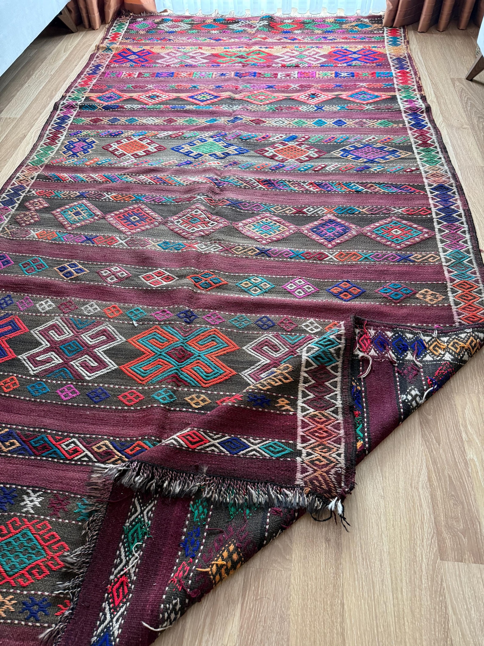 5x10 Turkish Kilim Rug, Vibrant Colors With Ram’s Horn Motif, Handmade ...