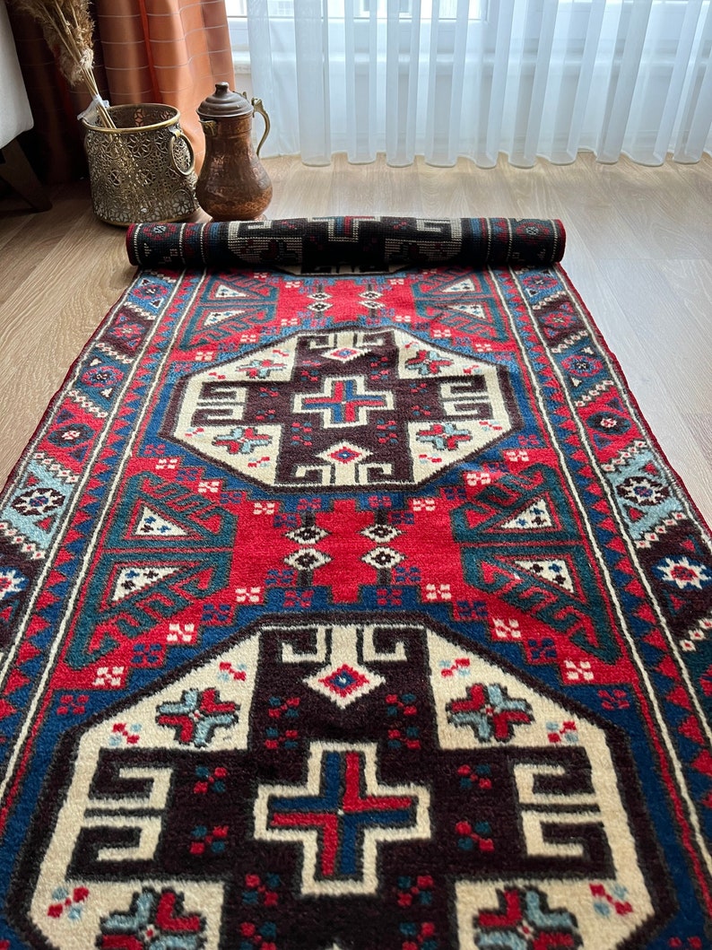 2x6 One Of A Kind Vintage Turkish Runner Rug, Small Red-Blue Geometric Flowery Pattern Antique Hallway Rug, Decorative Oushak Runner Rug image 2
