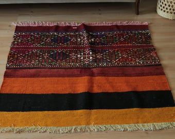 Vintage turkisk kelimmatta, handvävd ull, 3x3 bohemisk inredning