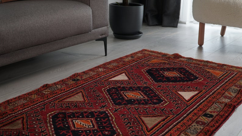 3x6 Red Vintage Rug, Handmade Wool Anatolian Rug, Turkish Area Rug, Antique Carpet for Living Room zdjęcie 9