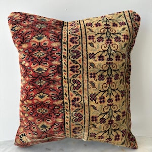 16x16 Rare Flower Pattern Turkish Kilim Pillow Cover, Handmade Geometric Cushion, Unique Vintage Throw Pillow, Exclusive Home Decor