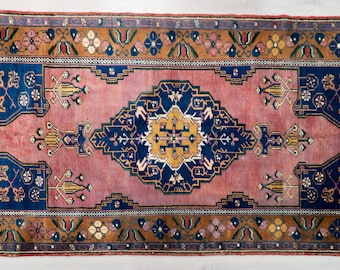 3x7 Pink-Navy Blue Vintage Turkish Rug, Handmade Wool Anatolian Rug,Vintage Area Rug, Oriental Unique Carpet for Living Room,Bedroom