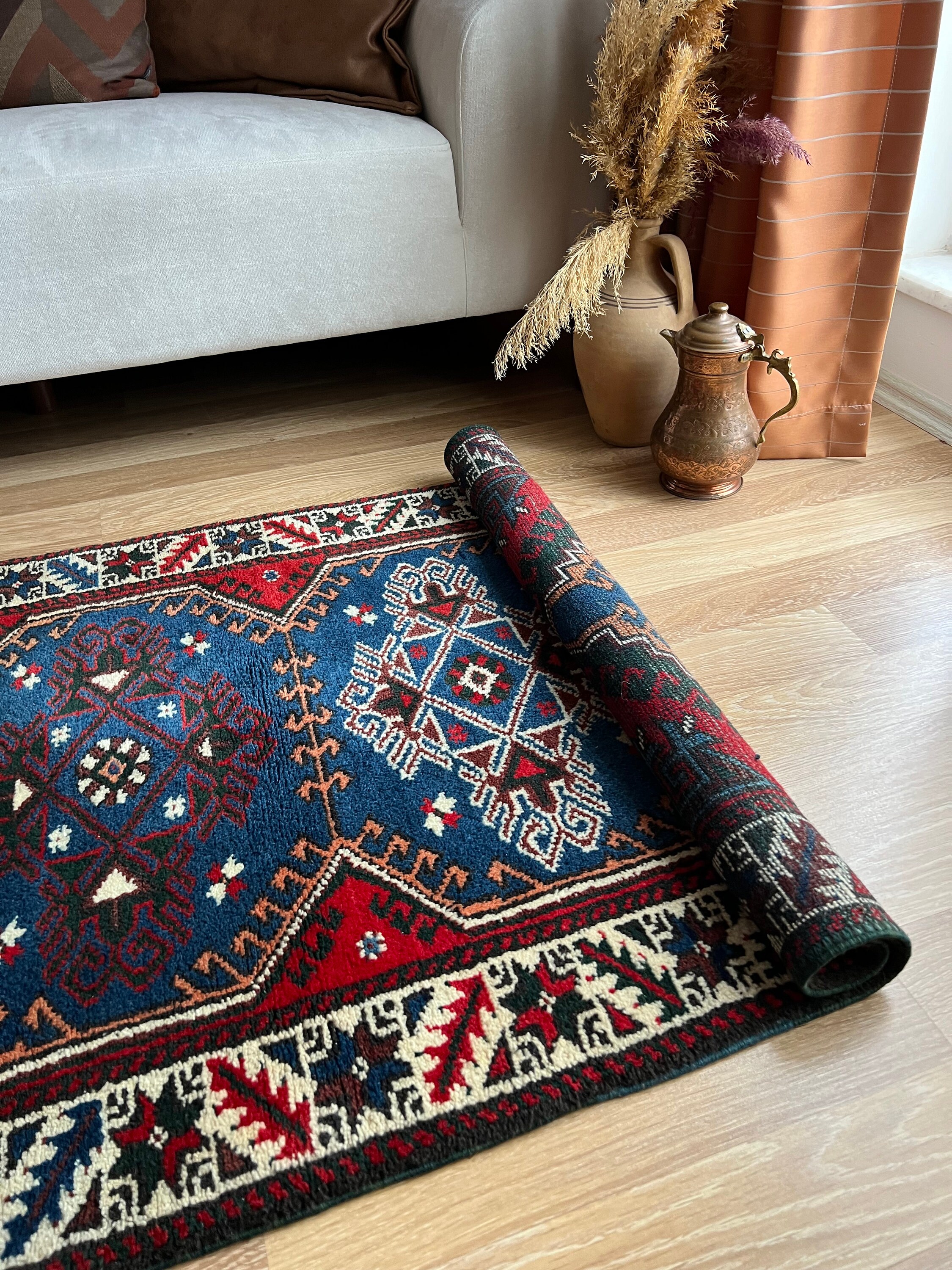 2x5 Vintage Blue Carpet,oriental Handmade Carpet,vivid Decorative