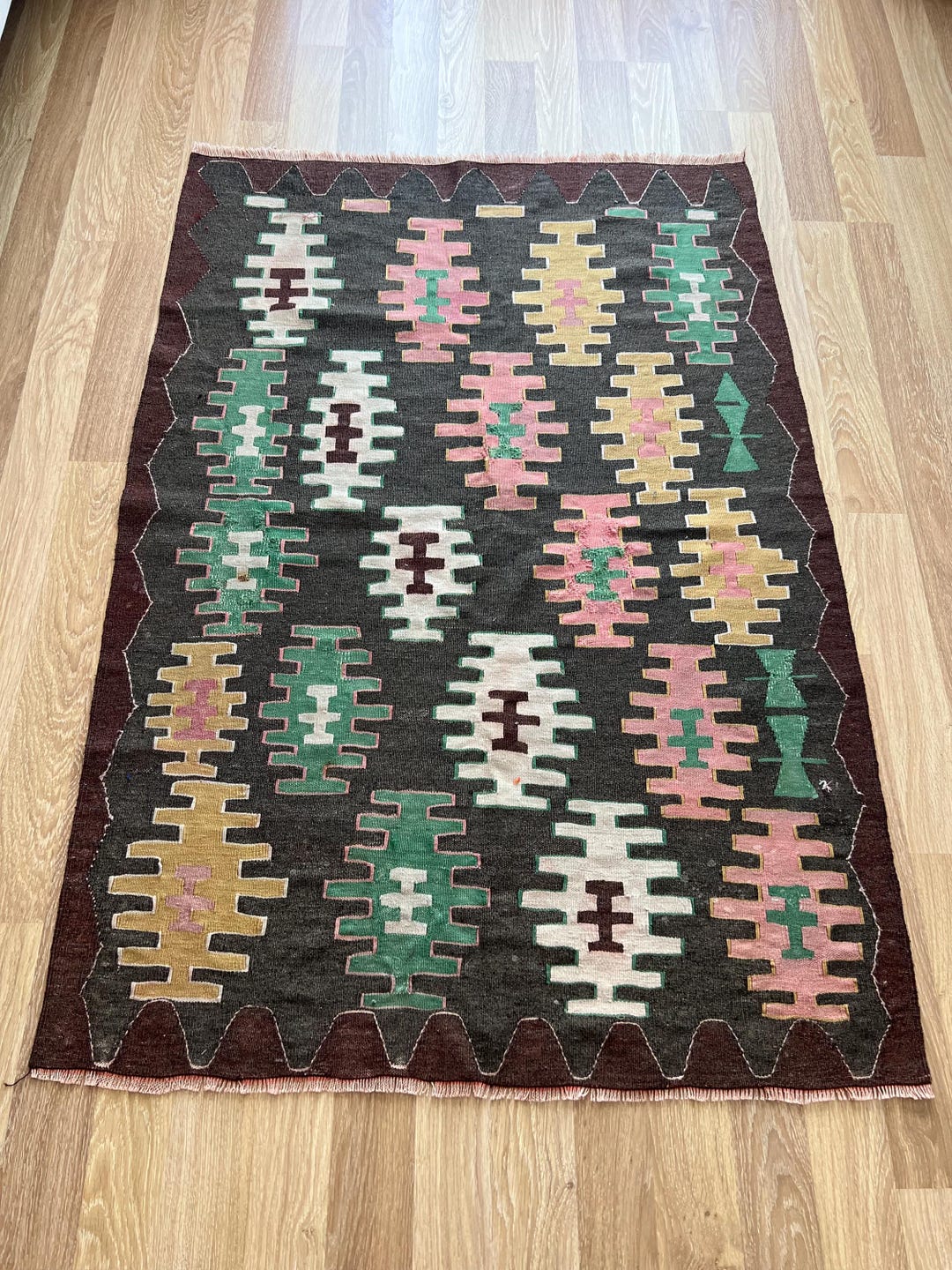 Patterned Turkish Rug 3x5 Rare Patterned Turkish Kilim Rug • Large Axb Green Tone Wool Rug ...