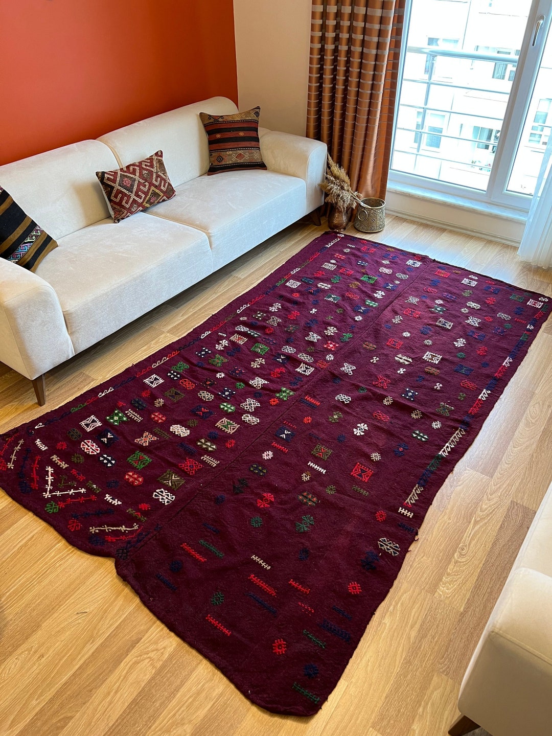 4x8 Burgundy Vintage Handknotted Kilim Rug, Washable Area Rugs,country ...