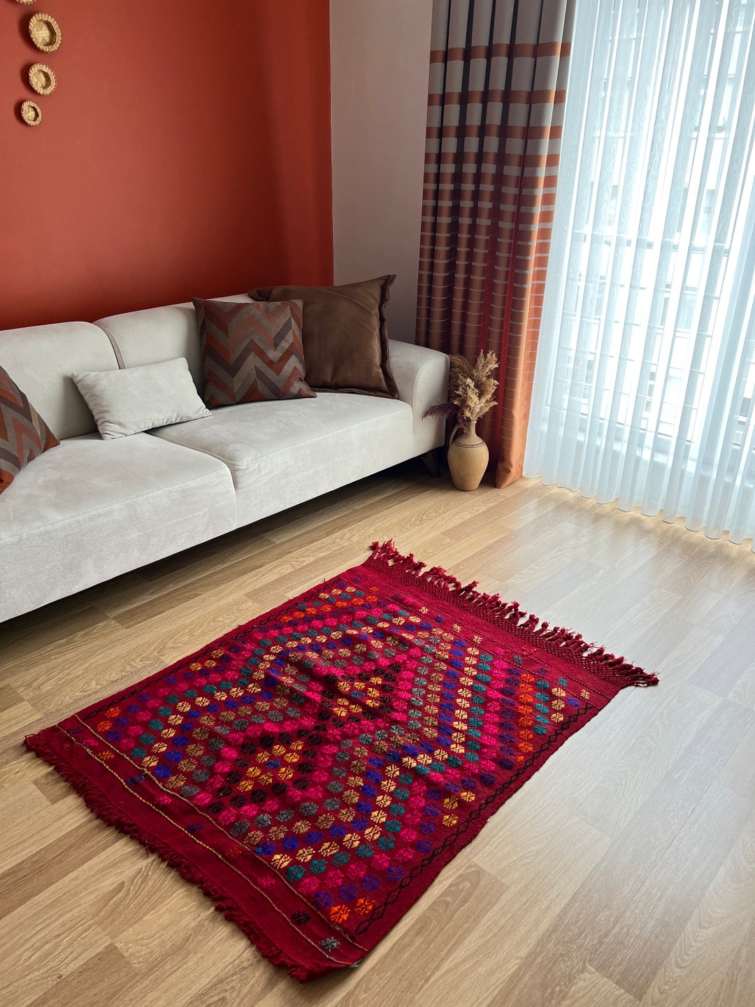 3x3 Small Geometric Pattern Red Vintage Rug, 3x3 Amazing Vivid Color ...
