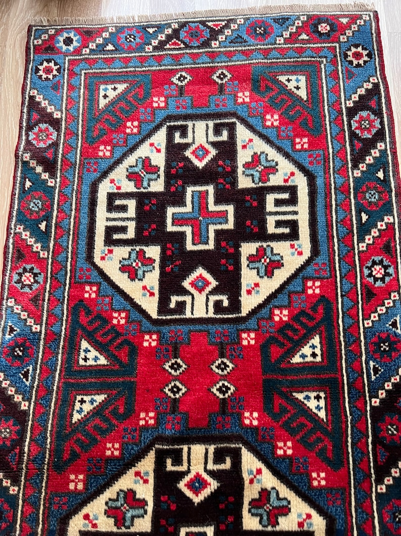 2x6 One Of A Kind Vintage Turkish Runner Rug, Small Red-Blue Geometric Flowery Pattern Antique Hallway Rug, Decorative Oushak Runner Rug image 6