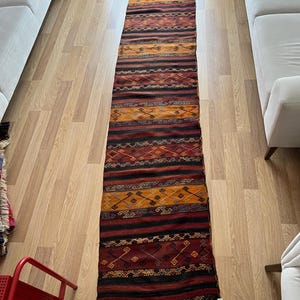 2x12 Dark Turkish Kilim Runner, Handmade Vintage Wool Rug,Traditional Anatolian Hallway Rug,Geometric Pattern Runner,Large Boho Entryway Rug