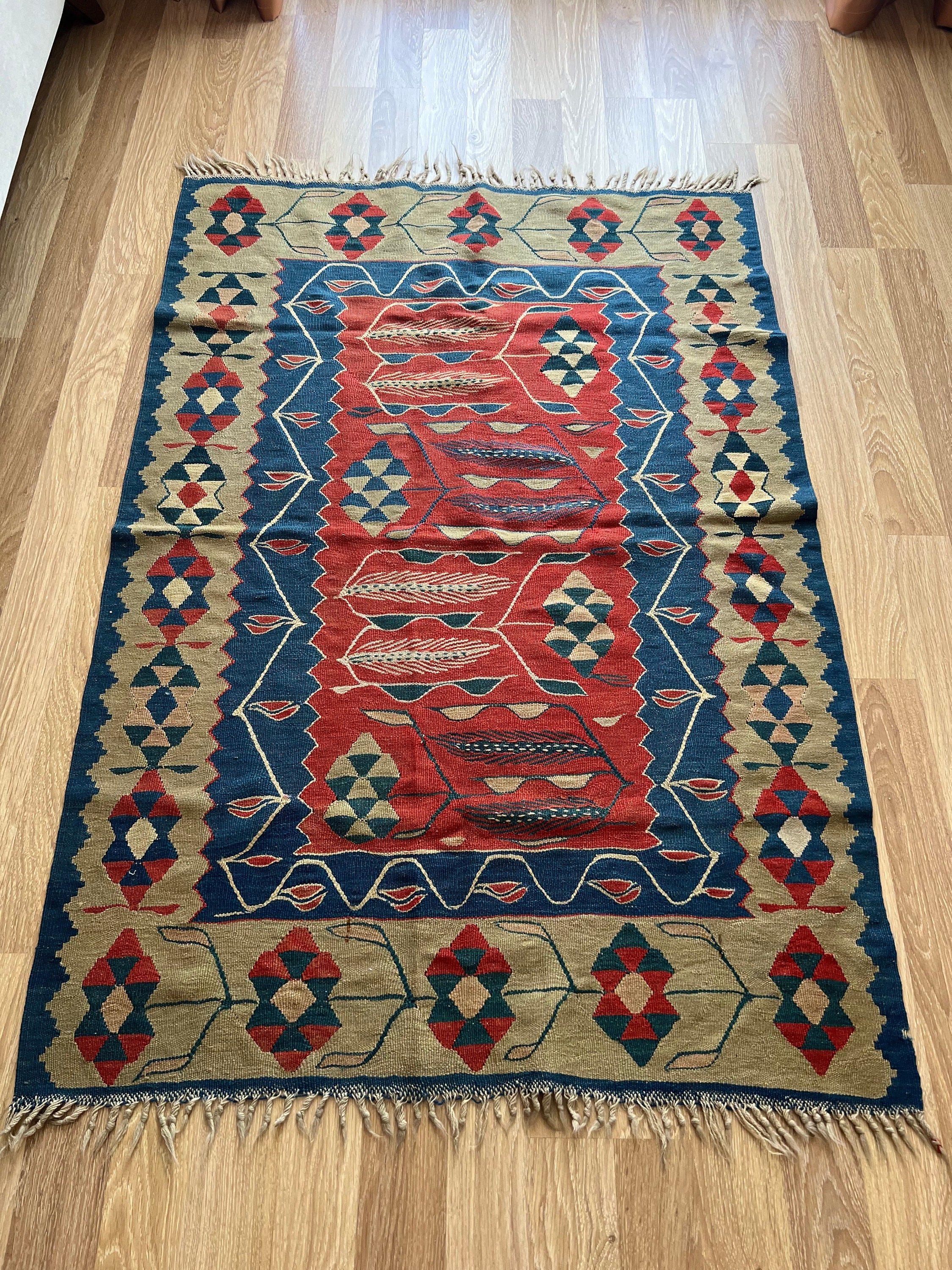 5x3 Bohemian Turkish Kilim Rug • Geometric Rug with Rare Floral Motifs • Handwoven Vintage Carpet • Boho Style Floor Mat • Unique Home Decor