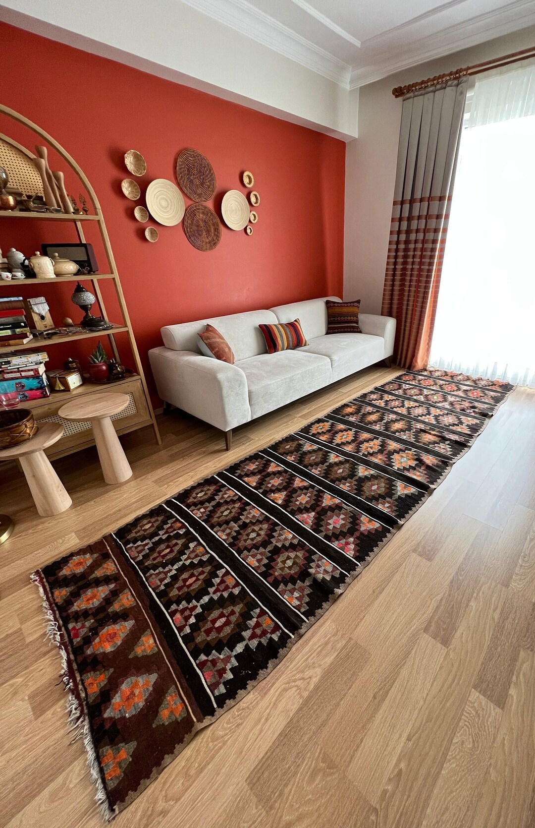 Runner Rugs Riyadh 3x12 Black-based Moroccan Long Kilim Runner Rug, Washable Geometric ...