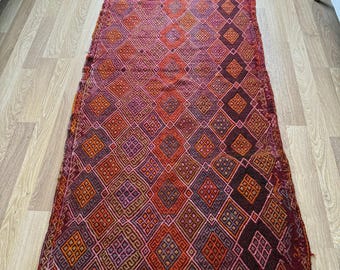 3x7 turkisk kelimmatta – handgjord ullmatta, lantlig halldekor, djärv vintage-look, sällsynta motiv av ramshorn, vackra livfulla färger