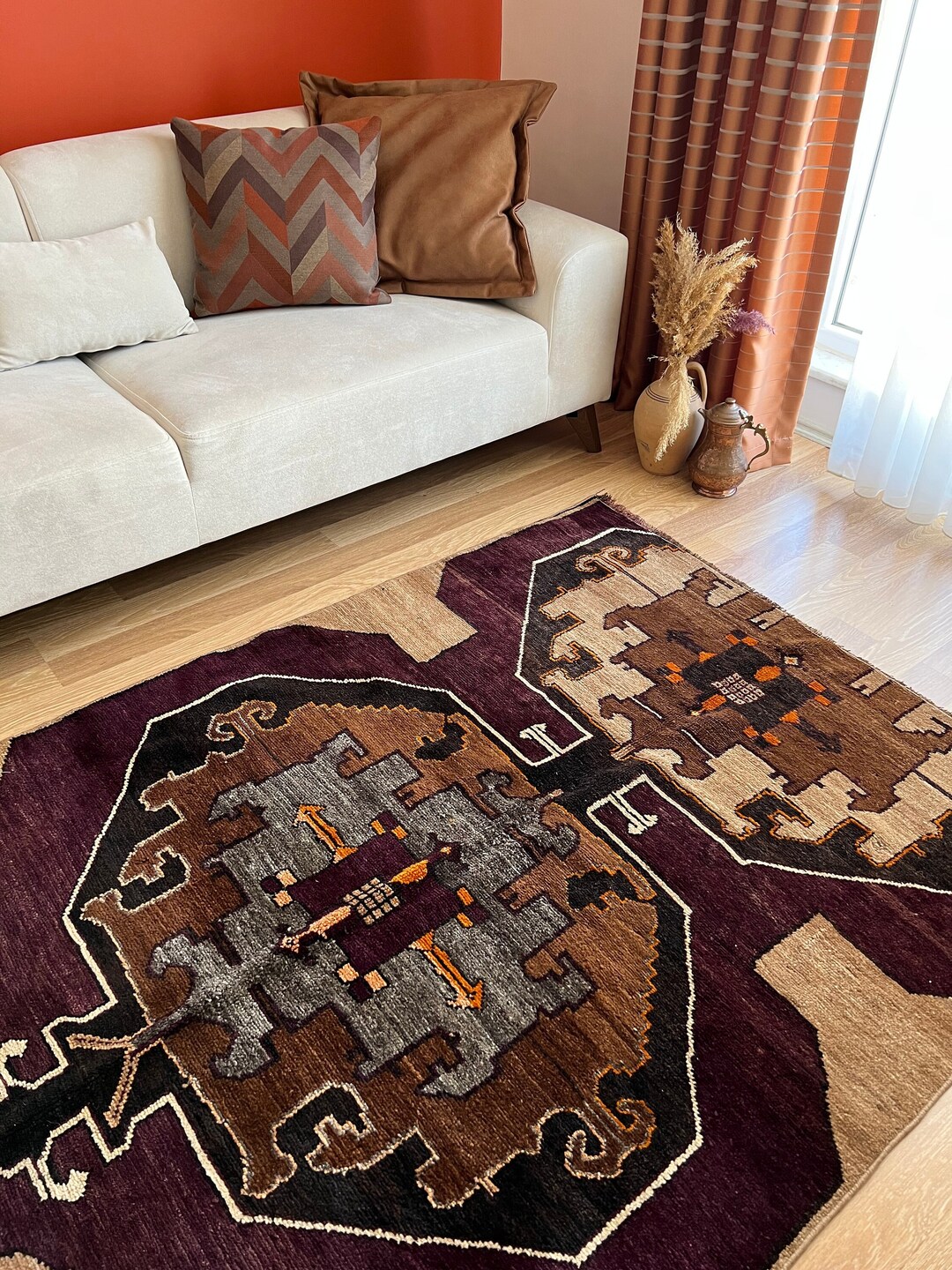 4x5 Burgundy-brown Traditional Vintage Rug, Rare Pattern Turkish Rug ...