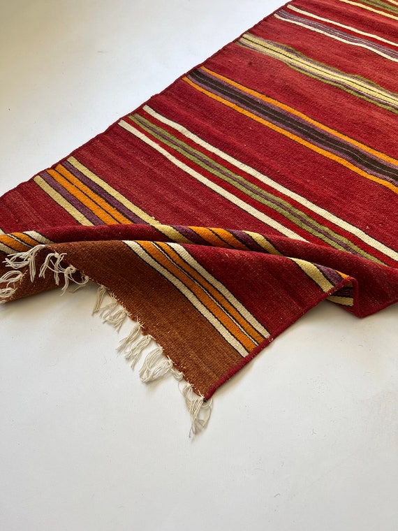 1x6 Striped Red-Based Multicolour Kilim Runner Rug,Washable Tufted Vintage Runner Rug,Handmade Turkish Anatolian Wool Kilim Rug for Entryway
