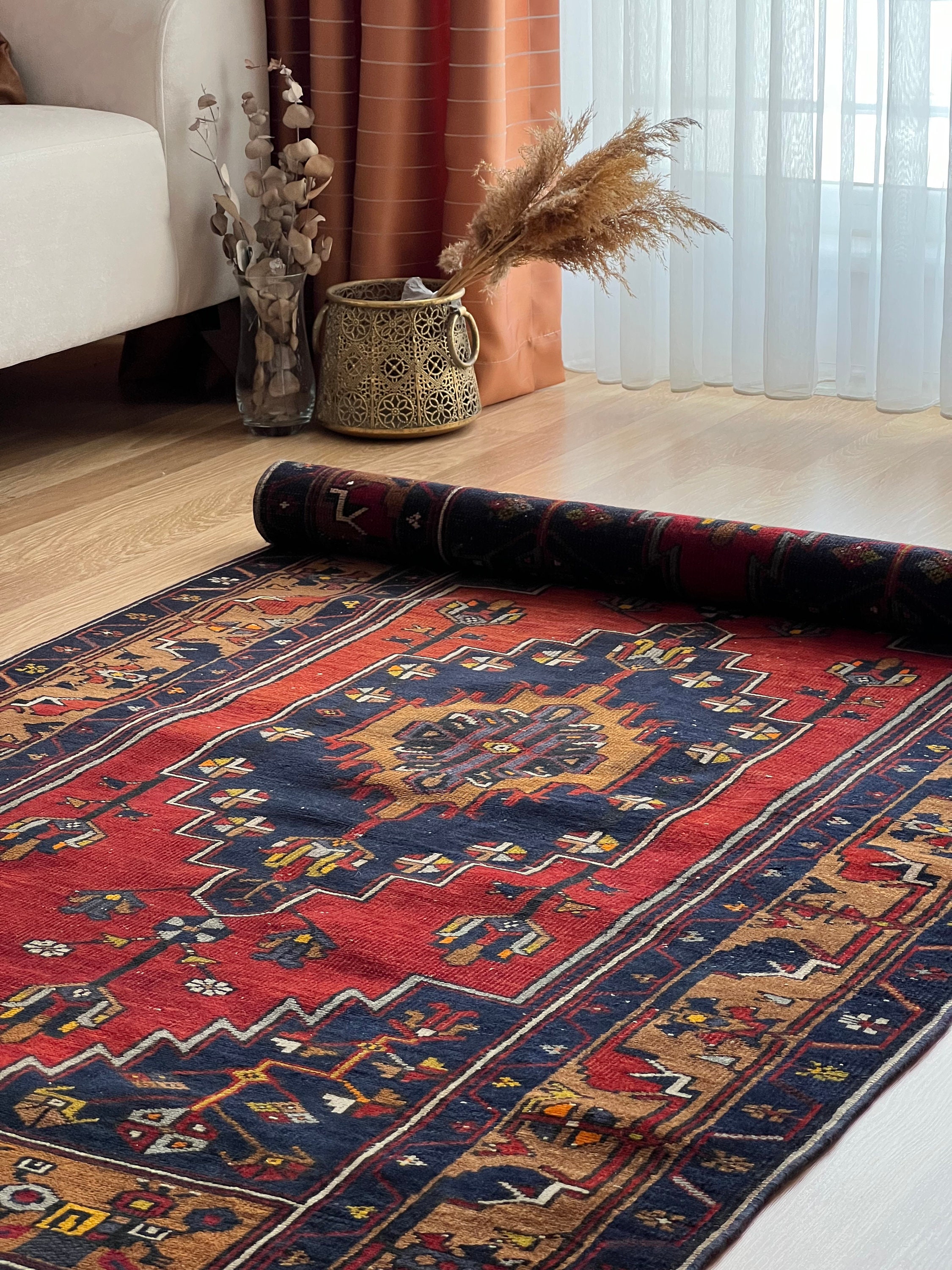 Blue Red Vintage Handwoven Rug 3x7, Turkish Oriental Rug