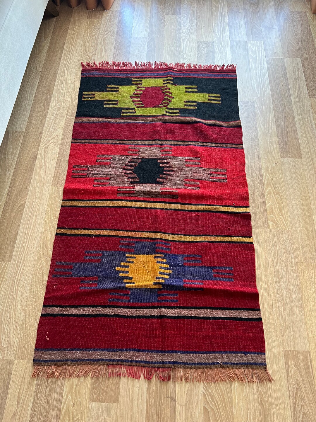 2x5 Red Based Small Ethnic Rug, Tasseled Wool Vintage Rug, Washable ...