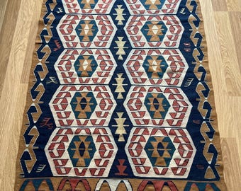3x5 Turkish Kilim Rug • Handwoven Vintage Carpet with Stunning Design • Bohemian Floor Mat • Unique and Stylish Home Decor Gift