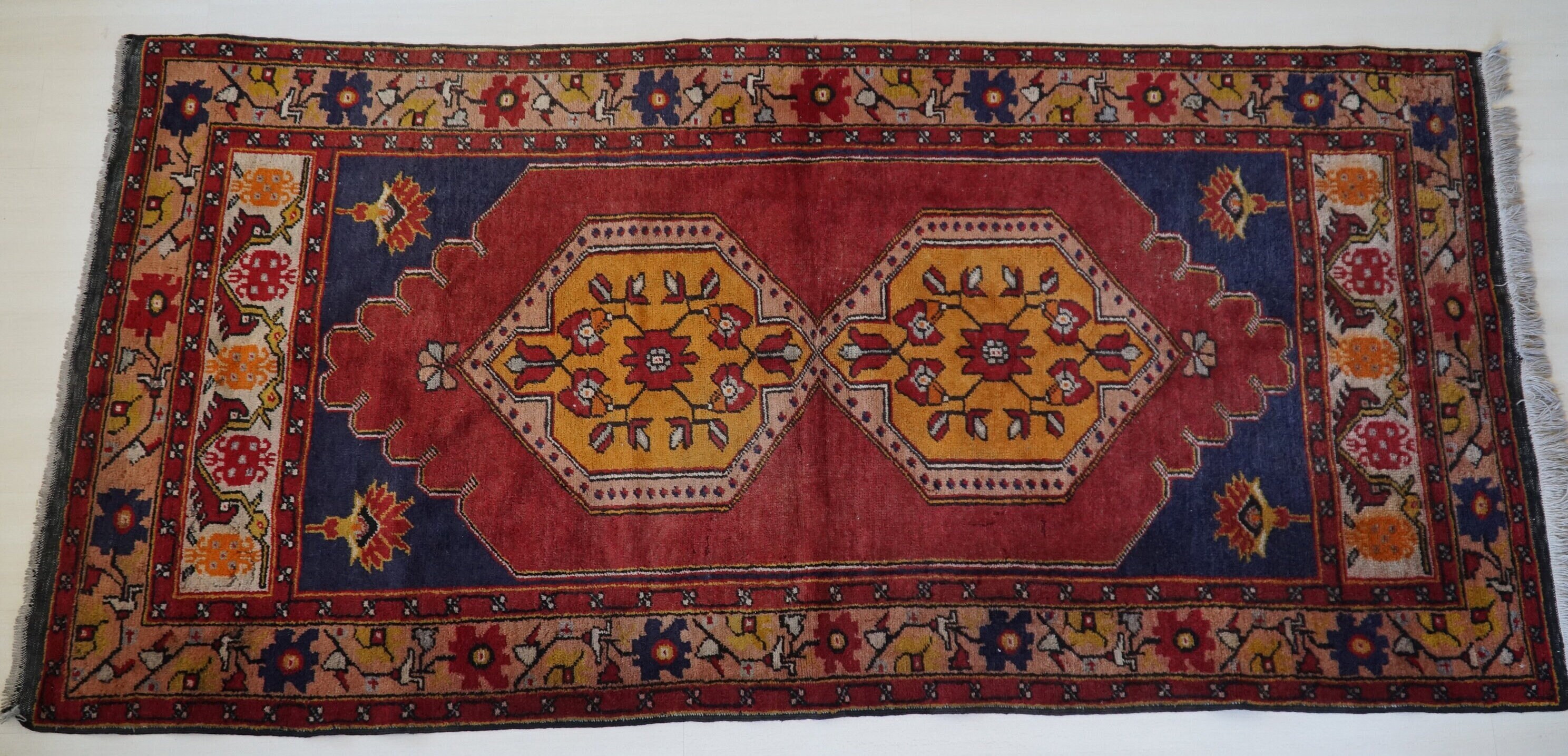 4x8 Yellow-Red Long Oushak Rug, Vintage Handmade Turkish Rug, Wool Anatolian Vivid Colourful Long Rug, Red Washable Rugs for Living Room