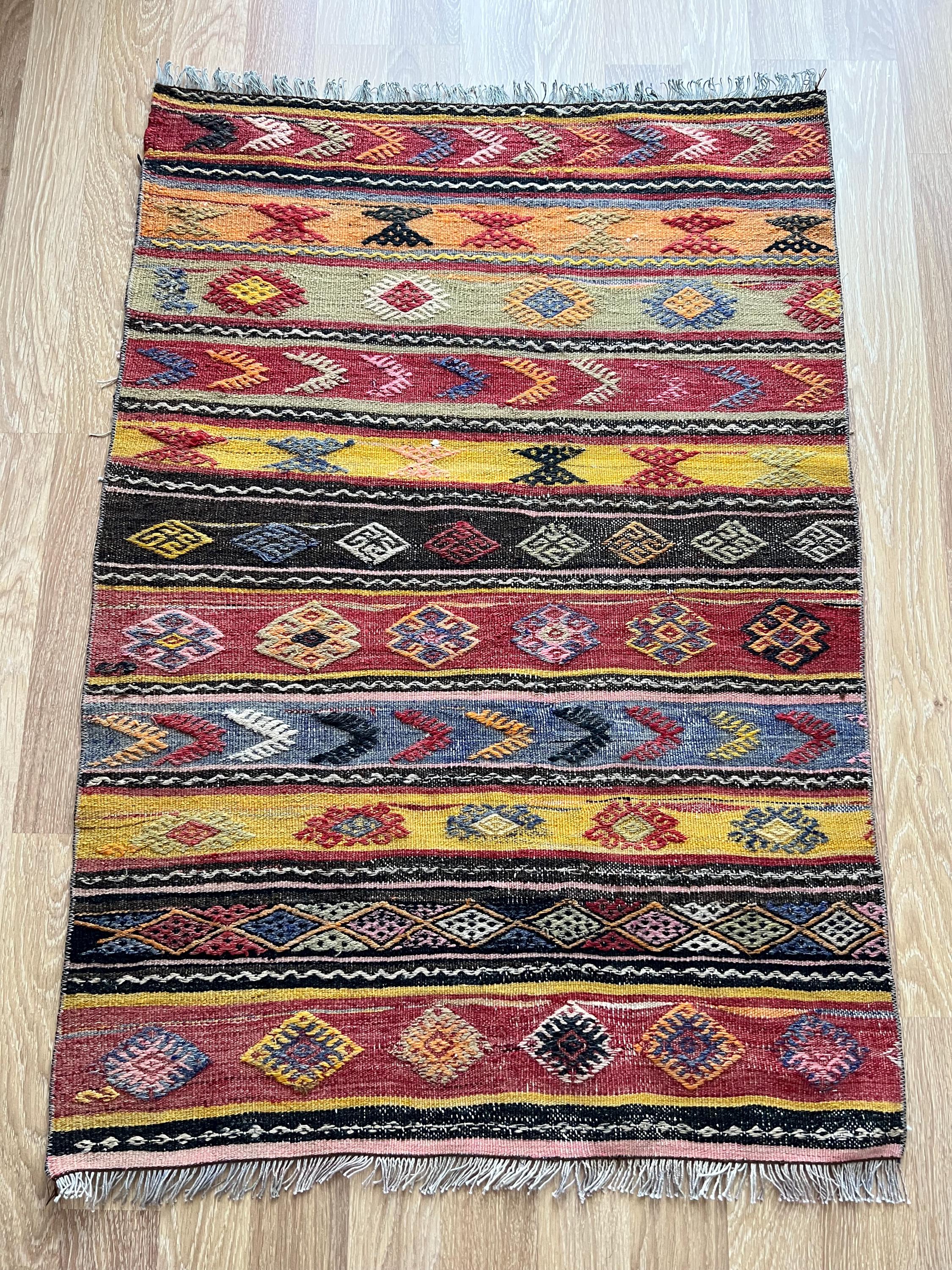 Colorful Turkish Kilim Rug • Large 2x4 Wool Rug With Pitrak and