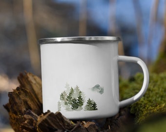 Mountain Fog Art Enamel Mug | Enamel Mountain Mug Misty Forest Scene | Foggy Forest Enamel Mug | Mountain Lover Gift | Enamel Camping Mug