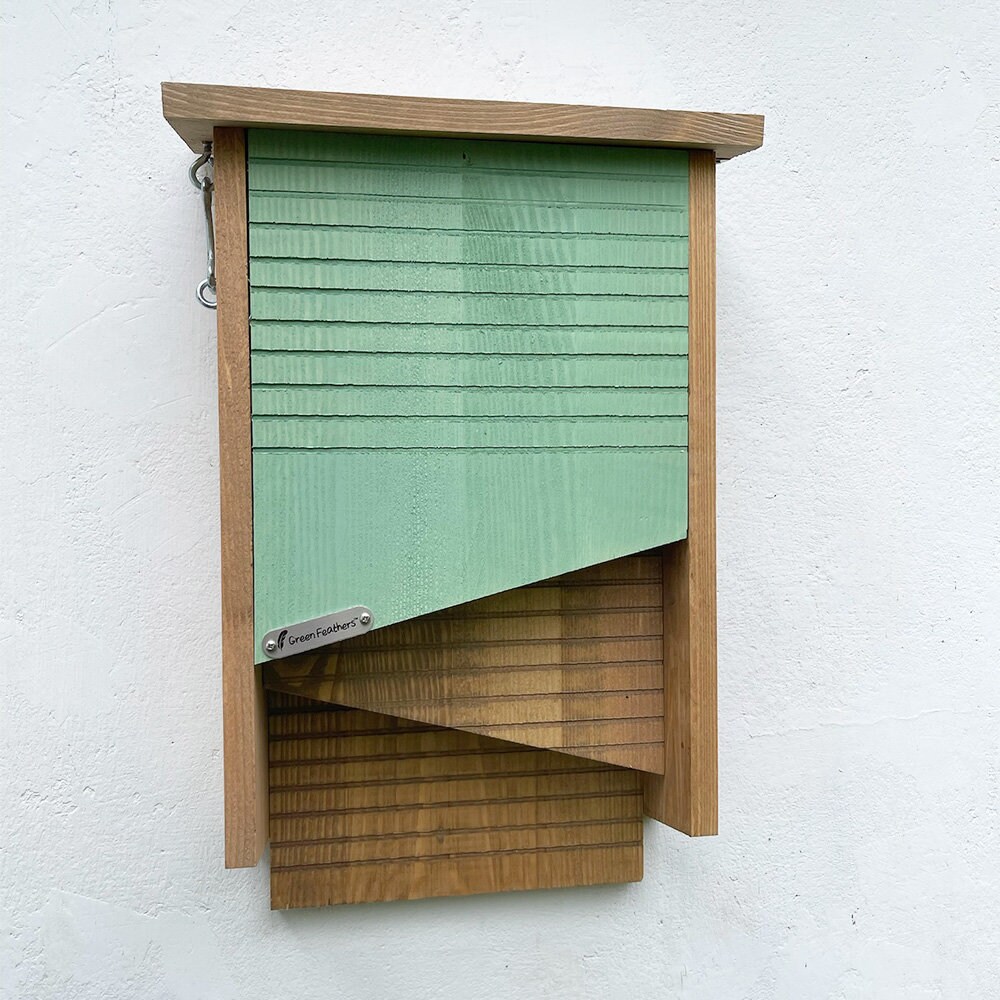 Green Feathers Double Chamber Wooden Bat Box, Pine Wood, Hang on Trees & Walls/Fences