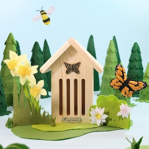 Houten insectenvlinderhuis, gemaakt van dennenhout, natuurlijke schuilplaats vlinders in je tuin