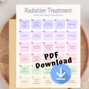 Puede incluir: Un calendario de tratamiento de radiación imprimible con citas motivacionales para cada día del mes. El calendario está diseñado para ayudar a las personas que están pasando por radioterapia a mantenerse positivas y concentradas. El calendario presenta una combinación de colores rosa claro y morado con una flecha azul claro apuntando hacia abajo.