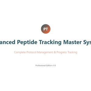 Op de afbeelding: Een witte achtergrond met de tekst "Advanced Peptide Tracking Master System" in teal. Daaronder staat in kleinere letters "Complete Protocol Management & Progress Tracking". Het logo "PT" staat in een cirkel bovenaan.