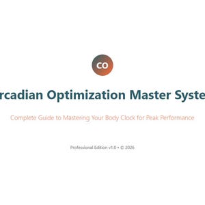 May include: A white background with the text "Circadian Optimization Master System" in teal. Below, it reads "Complete Guide to Mastering Your Body Clock for Peak Performance." A logo with "CO" is at the top.