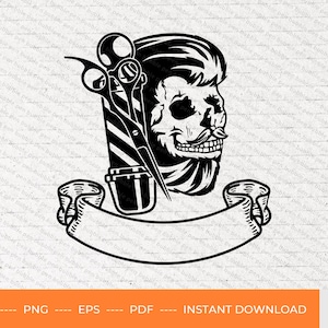 Skull barber banner SVG, barbershop banner svg, barbershop logo svg, hairstylist clipart, barber logo, barber skull svg, svg, PNG, PDF